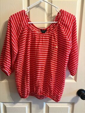 J. Crew Red and White Striped Peasant Top